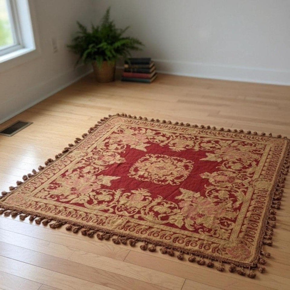 Opera Vtg Burgundy Gold Tapestry w Tassels‎ 4' x 6' - 48" x 72" India Boho
